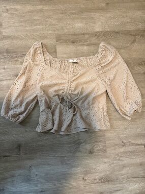URBAN Romantics Beige Eyelet Tie-Front Peplum Top